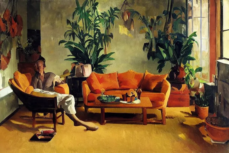 Image similar to A cozy, warm living room, bathed in golden light, with many tropical plants and eclectic furniture, a figure rests on an old couch, highly relaxed, sunday afternoon, living the good life, at peace, golden ratio, fauvisme, art du XIXe siècle, figurative oil on canvas by Albert Marquet, André Derain, Auguste Herbin, Louis Valtat, Musée d'Orsay catalogue