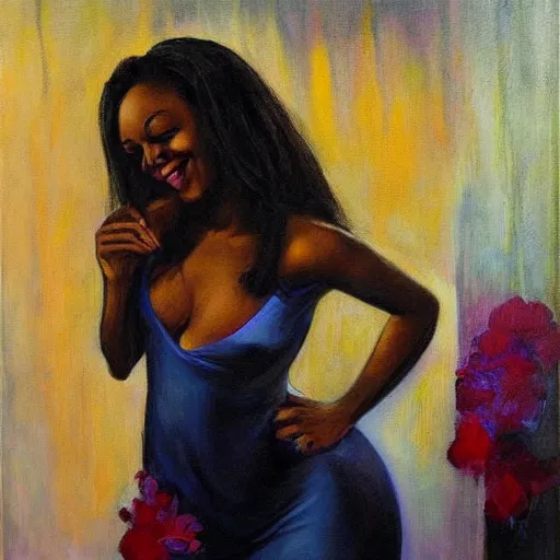 Image similar to beautiful black woman smiling at her reflection in a mirror, dorina costras