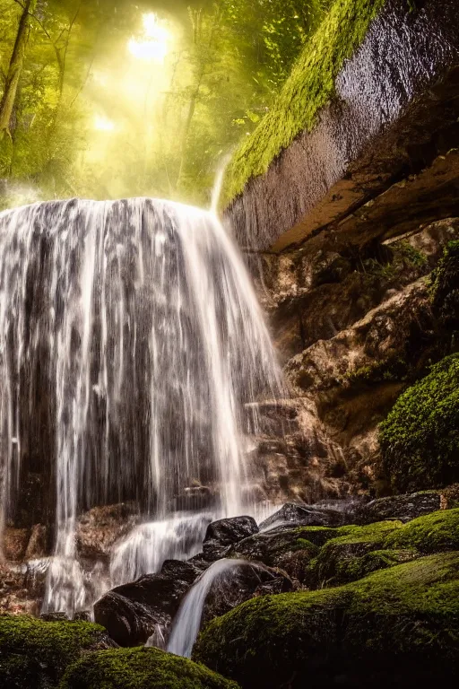 Image similar to Photo of a mushroom waterfall, 8k, cinematic, elegant, sharp focus, symmetry, highly detailed, beautiful light