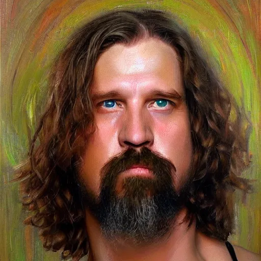 Prompt: slightly abstract full upper body portrait of a young version of the dude from the big lebowski, by alexandra manukyan, suzy schultz, rough oil painting, visible big brushstrokes