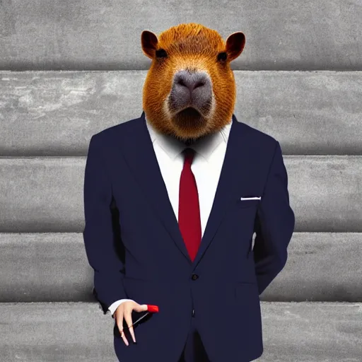 Image similar to capybara head, a man wearing a suit capybara head (smoking cigar)