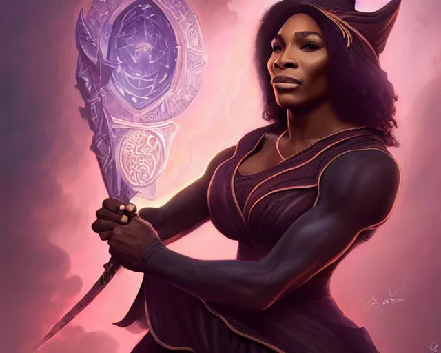 Image similar to mindblowing, serena williams as a female warlock, black wizard hat, robes, deep focus, d & d, fantasy, intricate, elegant!!, beautiful, highly detailed, digital painting, artstation, concept art, matte, sharp, illustration, hearthstone, art by artgerm and greg rutkowski and alphonse mucha