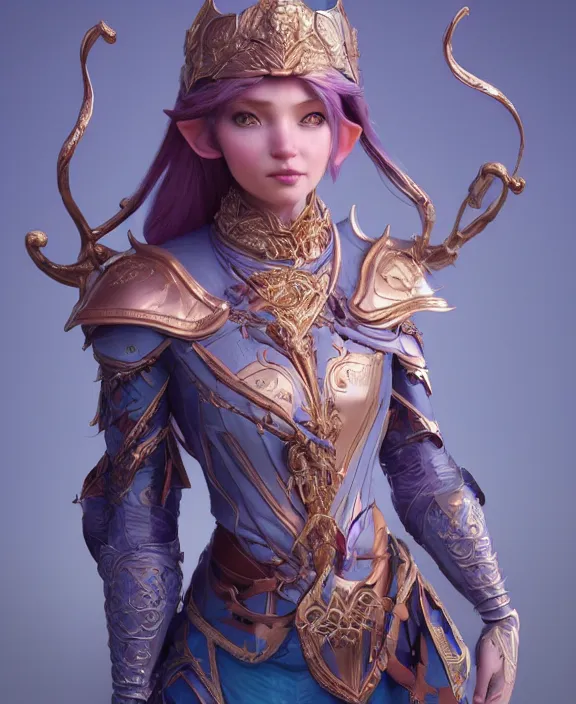 Image similar to a regal elf with long blue windswept hair in a rose gold breastplate, 3 d render by mandy jurgens, artgerm, and lu ji, centered, artsation contest winner, cgsociety, fantasy art, cryengine, concept art, photorealism, daz 3 d, sketchfab, zbrush, vray