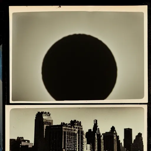Image similar to vintage photo of the moon exploding over New York City, 8mm film