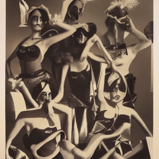 Prompt: of a photomontage of carnival performers by man ray