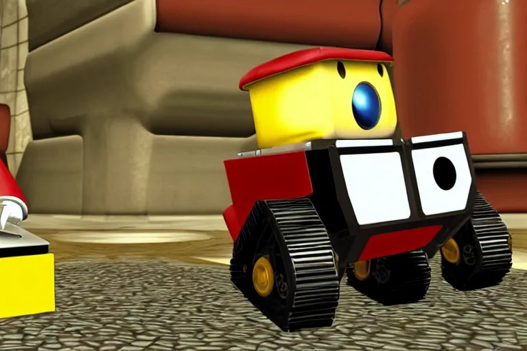 Image similar to wall - e in super mario 6 4, heavy detailed, ultra high definition quality, yakuza game engine graphics