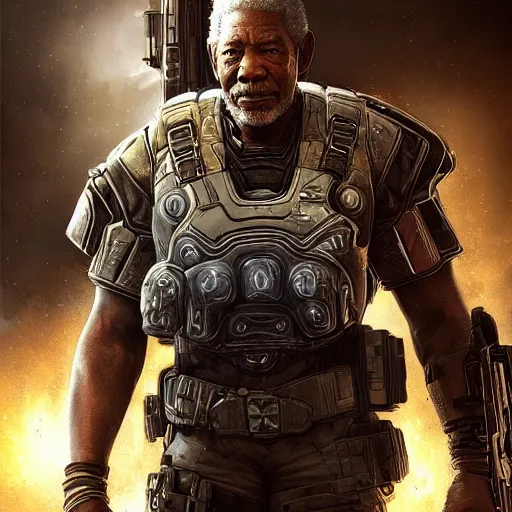 Prompt: morgan freeman as a soldier in gears of war 3 intricate, elegant, highly detailed, digital painting, artstation, concept art, matte, sharp focus, rendered in unreal engine, art by artgerm and greg rutkowski and alphonse mucha