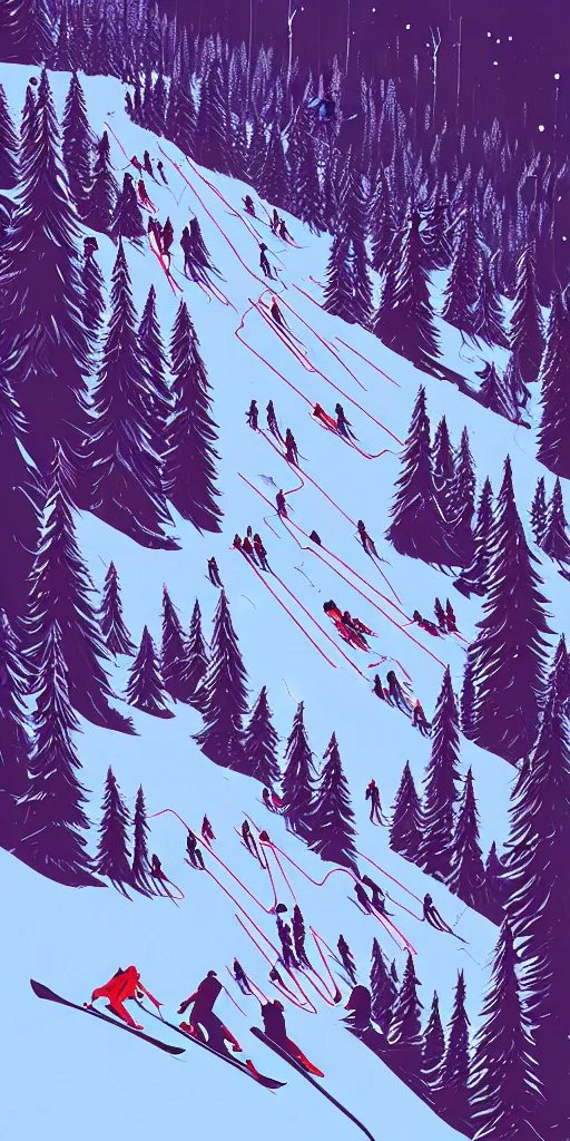 Prompt: by moebius and atey ghailan | the bottom of a ski slope with a huge pile of tangled up skiers |