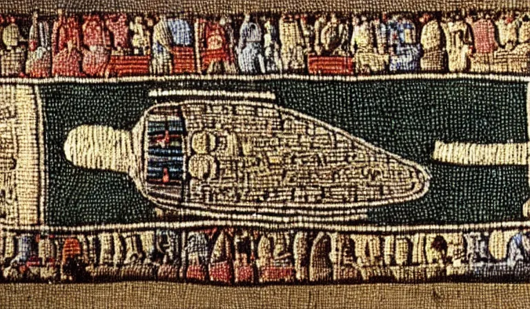 Image similar to Flying saucer on the bayeux tapestry, medieval style