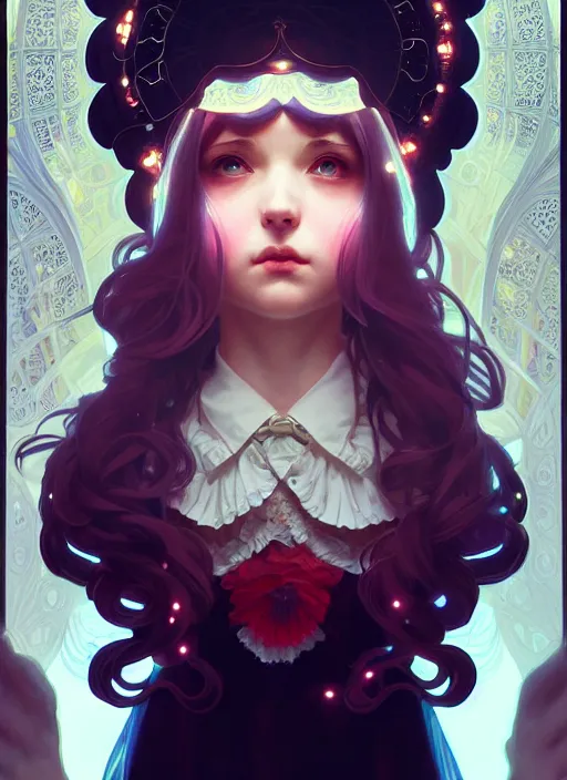 Image similar to symmetry!! cute girl in lolita clothes, intricate, elegant, glowing lights!! highly detailed, digital painting, artstation, concept art, smooth, sharp focus, illustration, art by artgerm and greg rutkowski and alphonse mucha