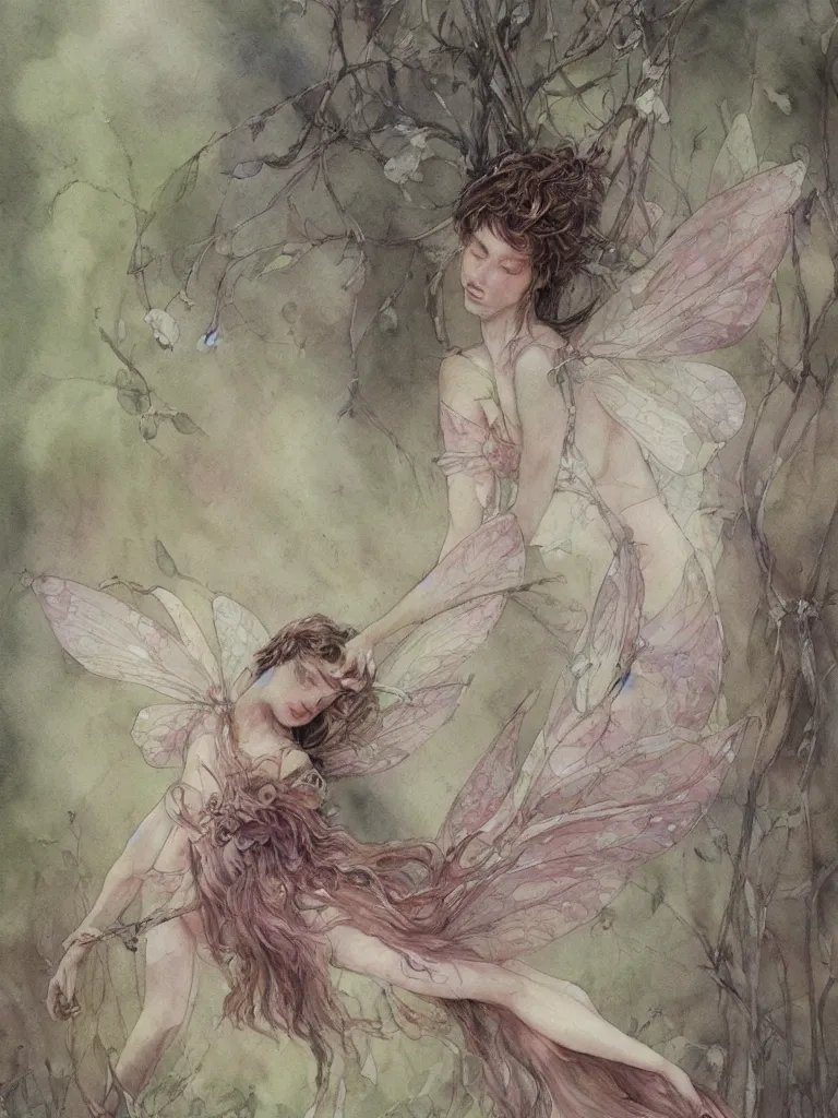 Image similar to study of a flower fairy, illustration, watercolor, alan lee, detailed, pretty, ethereal, realistic, artstation,