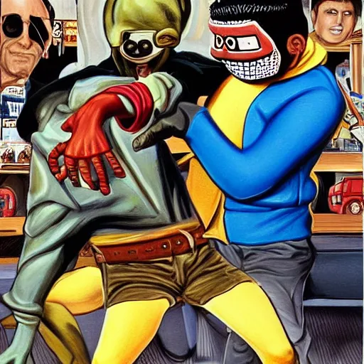 Image similar to beautiful lifelike painting of mf doom and donkey kong bullying peter parker in highschool, hyperreal detailed facial features and uv lighting, art by ed roth and basil wolverton