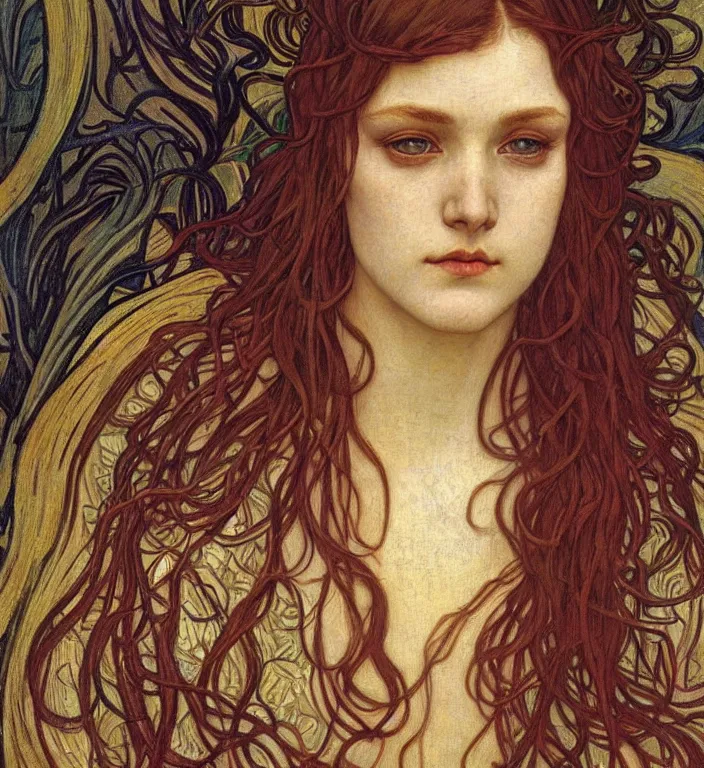 Image similar to detailed realistic beautiful young medieval queen face portrait by jean delville, alphonse mucha, vincent van gogh, and marco mazzoni, art nouveau, symbolist, visionary, gothic, pre - raphaelite