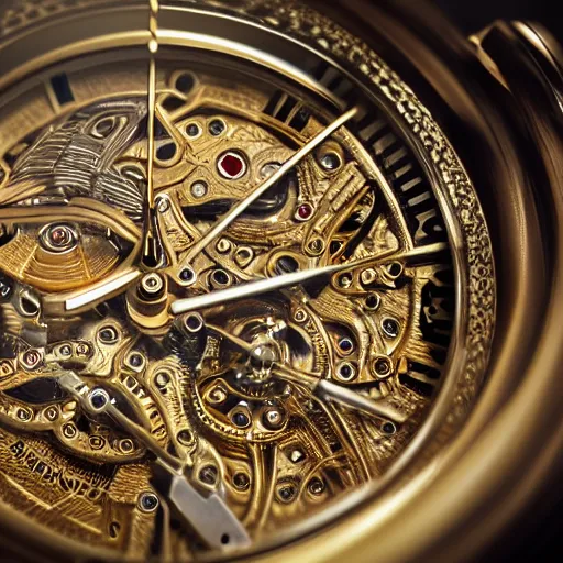 Image similar to a macro photo of a very beautiful gold and silver mechanical watch, close - up, intricately detailed engravings, intricately detailed markings, intricate textures, warm lighting, vivid colors, realistic octane render, hyper realistic render, volumetric shading, depth of field, raytracing, 8 k,