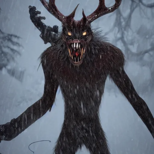 Image similar to hungry wendigo leering through a snowstorm, trending on artstation