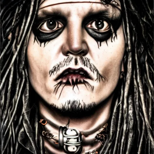 Prompt: portrait of johnny depp as a goth metal band member, symmetrical, nikon 3 5 mm photography, ultrarealistic