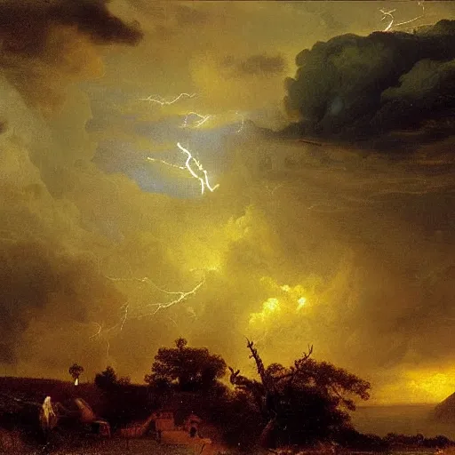 Prompt: flying brain, in dark clouds, thunderstorm lightning, style albert bierstadt, landscape