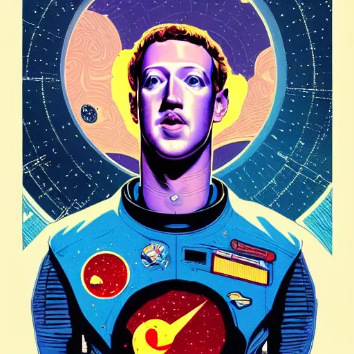 Image similar to majestic mark zuckerberg in space, satellite perspective, high details, bold line art, by vincent di fate and joe fenton, inking, etching, screen print, masterpiece, trending on artstation, sharp, high contrast, hyper - detailed, hd, 4 k, 8 k