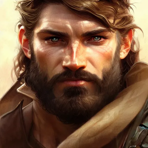 Image similar to Portrait of rugged male ranger, D&D, amber eyes, face, long hair, muscular, fantasy, intricate, elegant, highly detailed, digital painting, artstation, concept art, smooth, sharp focus, illustration, art by artgerm and greg rutkowski and alphonse mucha