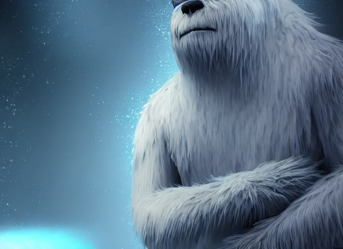 Image similar to bioluminescent furry yeti on a angelic biome, fantasy, hyper realism, wet reflections, intricate, digital art, detailed, studio shot, unreal engine 5, octane, high definition, smooth, artstation, behance