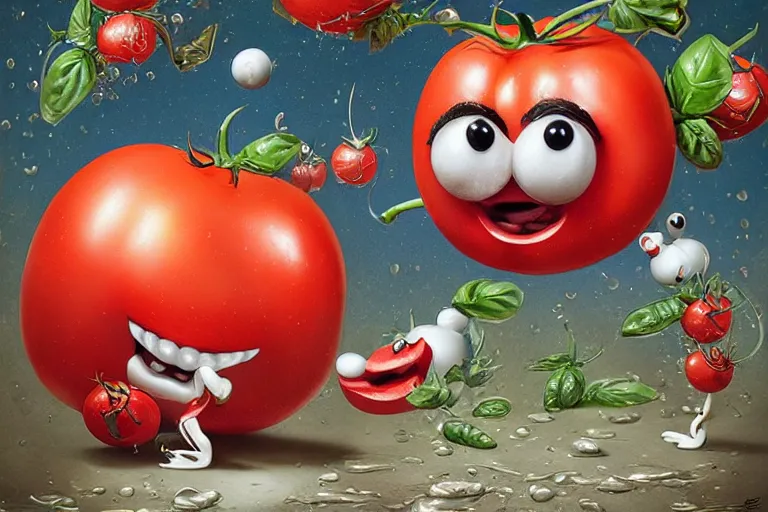 Image similar to a highly detailed happy tomato is playing with mozzarella balls, some sliced in half, basil leaves flying all over, playful vibe, full body, wide angle, an ultrafine detailed painting by joe fenton, trending on deviantart, pop surrealism, whimsical, lowbrow, perfect symmetrical face, sharp focus, octane, masterpiece
