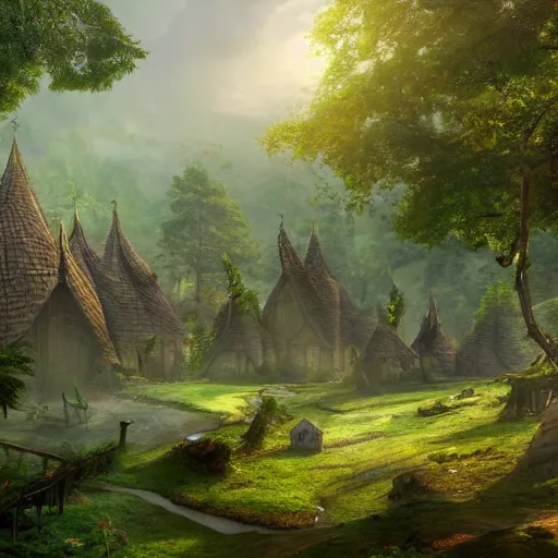 Image similar to An elven village surrounded by a forest, matte painting, stunning, 8k resolution, high detail, sun shining