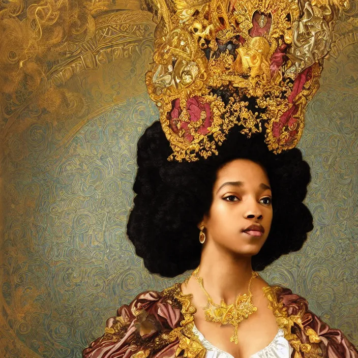 Prompt: highly detailed venetian rococo portrait of a black princess wearing a crown, golden jewels, pastel flowery background, volumetric lighting, flowers, fantasy, realistic, symmetrical face, digital illustration, art by krenz cushart, alphonse mucha, kehinde wiley, artem demura