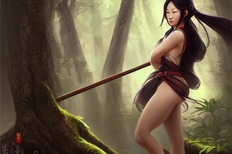 Image similar to beautiful cinematic fantasy poster, asian woman side view using a bokken in forest ; by artgerm ; wayne n reynolds art station ; cinematic quality character render ; high quality ac - h 9 6 0