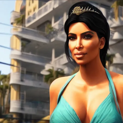 Prompt: kim kardashian as princess jasmine in GTA 5 full Hd octane render 8k