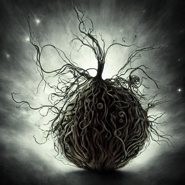 Prompt: lovecraftian onion surrounded by beams of light dark background by wayne barlow, stanley donwood, anton semenov, zdzislaw bekinski, 8 k, fantasy, dark