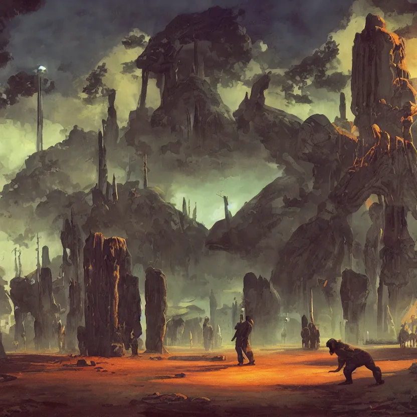 Image similar to a baseball field with ancient monoliths with glowing runes. highly detailed science fiction painting by daniel romanovsky, frank frazetta, and syd mead. rich colors, high contrast, gloomy atmosphere, dark background.