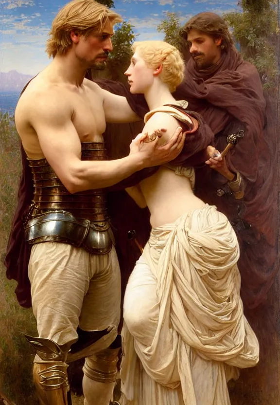 Image similar to attractive handsome fully clothed jaime lannister confesses his love for attractive fully armored lady knight brienne of tarth. highly detailed painting by gaston bussiere and j. c. leyendecker and william adolphe bouguereau, musee d'orsay 8 k