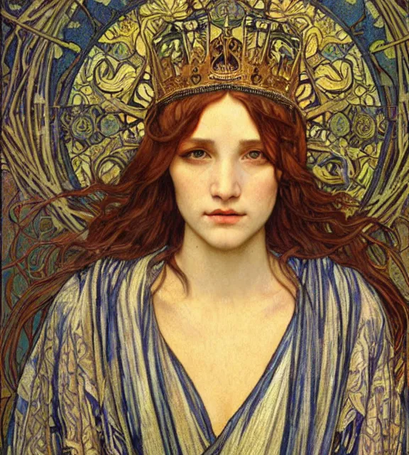 Image similar to detailed realistic beautiful young medieval queen face portrait by jean delville, alphonse mucha, vincent van gogh, and marco mazzoni, art nouveau, symbolist, visionary, gothic, pre - raphaelite