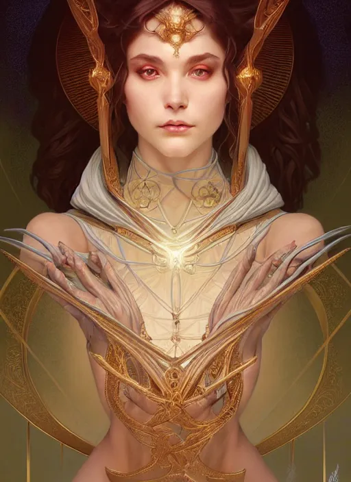 Image similar to symmetry!! portrait of a female sorcerer, dar fantasy, intricate, elegant, highly detailed, my rendition, digital painting, artstation, concept art, smooth, sharp focus, illustration, art by artgerm and greg rutkowski and alphonse mucha and huang guangjian and gil elvgren and sachin teng