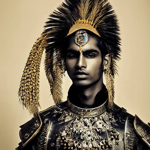 Prompt: a portrait of a beautiful young indian male wearing an alexander mcqueen armor , photographed by andrew thomas huang, artistic