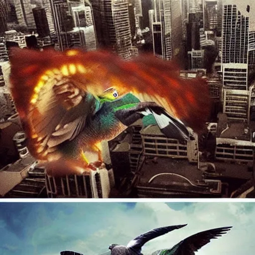 Image similar to Stunning Hyperealistic portrait of a pigeon as Godzilla destroying Sydney city