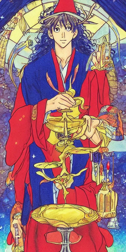 Image similar to a mystical man with a goblet on the table, wizard hat, drawn by Naoko Takeuchi, impressive line work, tarot card. tarot card the magician,