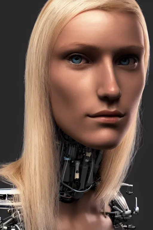 Image similar to robot with human face, female head, full body angle, woman human face, human face realistic, beautiful blonde hair, human head, human head with blonde hair, blonde hair human head, blonde hair, human realistic face, human head skin, cyborg frame concept, cyborg by ales-kotnik, sci-fi android female, the body is made of wires, robotic body, cyborg body, cyborg bust body, robot body cyborg, full body