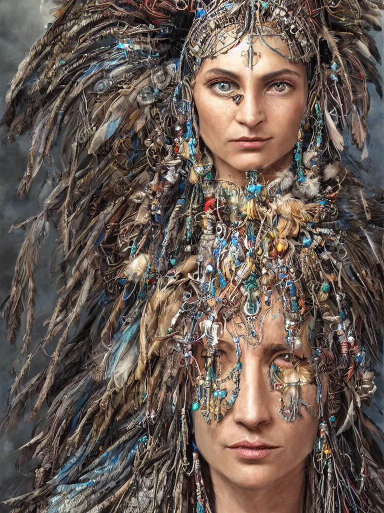 Prompt: A realistic photo centered portrait of a wise and mystical biomech shaman with a head dress made of feathers and beads with dark robes and trinkets of silver casting a magical spell, HD , trending on artstation