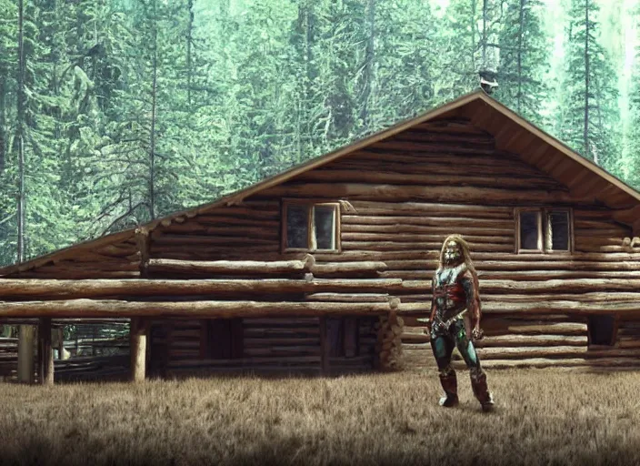 Image similar to film still of the Ultimate Warrior WWF in a log cabin in the new MANDY movie, 4k