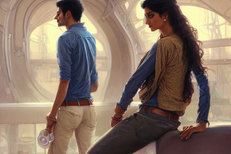 Image similar to Sensual good looking pale young Indian doctors wearing jeans in an airport, portrait, elegant, intricate, digital painting, artstation, concept art, smooth, sharp focus, illustration, art by artgerm and greg rutkowski and alphonse mucha