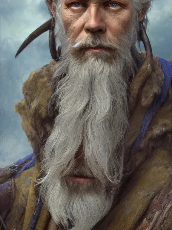 Image similar to painted portrait of rugged odin, god of death, norse god, white hair, masculine, mature, handsome, upper body, blue and silver, muscular, hairy torso, fantasy, intricate, muscular, elegant, highly detailed, digital painting, artstation, concept art, smooth, sharp focus, illustration, art by gaston bussiere and alphonse mucha