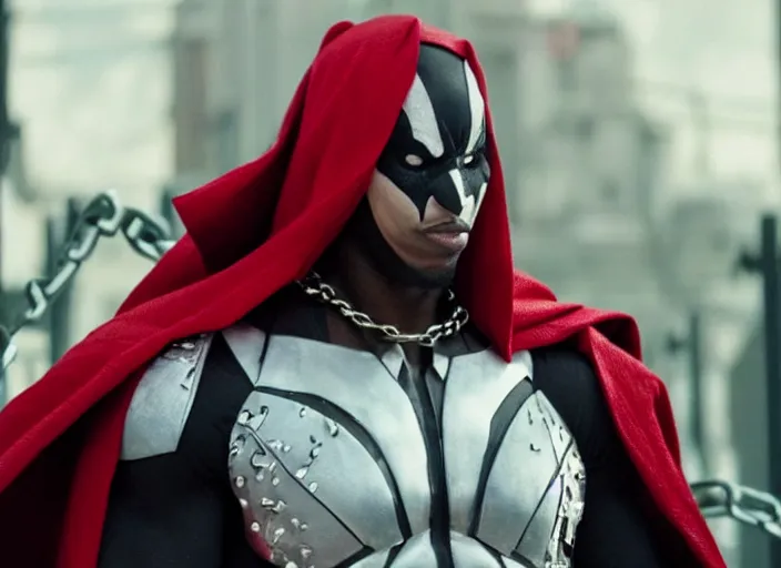 Image similar to film still of michael b jordan as spawn in the new spawn movie, giant chains, large cape, 8 k