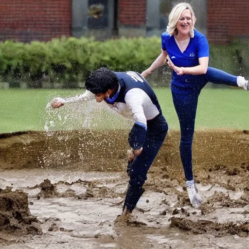 Prompt: high quality photo of liz truss and rishi sunak catapulting sloppy mud at each other in an office