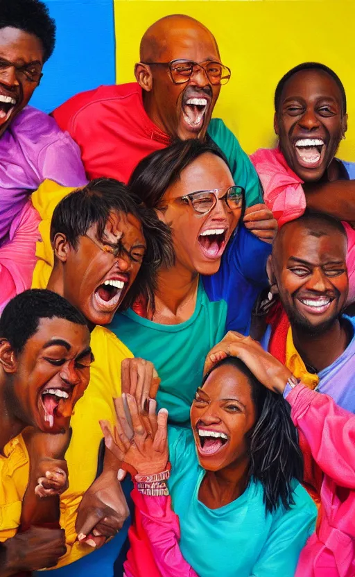 Prompt: amazing beautiful hyper - detailed photorealistic oil painting of a group of friends laughing together. the colors are very vibrant and the people in the photo look very happy. vibrant colors, very funny, personal, positive, visually pleasing, engaging and contains humans. high resolution. high quality. hq hd. trending on artstation.