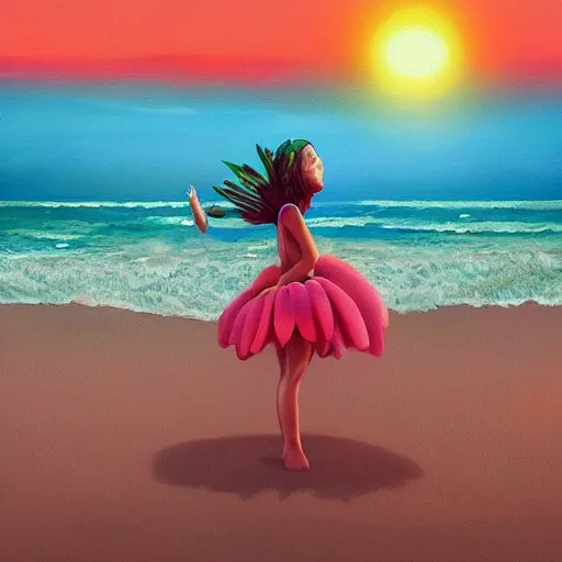 Image similar to portrait, giant rose flower head, girl dancing at the beach, surreal photography, sunrise, blue sky, dramatic light, impressionist painting, digital painting, artstation, simon stalenhag