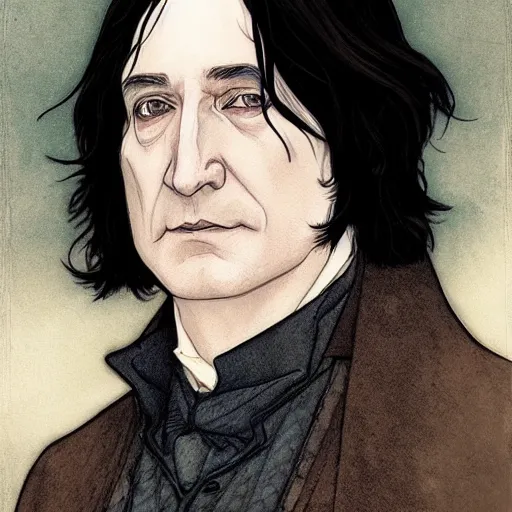 Image similar to a stunning matte portrait of a severus snape as harry potter, intricate, elegant, highly detailed, digital painting, artstation, sharp focus, illustration, art by rebecca guay and arthur rackham and alphonse mucha and john william waterhouse, pixv