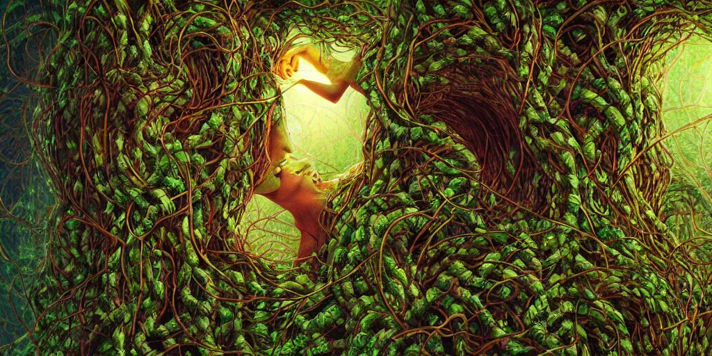Image similar to a person trapped in extremely thick vines intertwined, central composition, high saturation, epic lighting, in the style of Peter gric and Hannah yata 8k