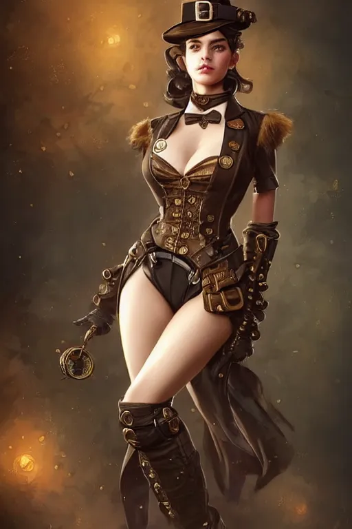 Prompt: full body photo of a gorgeous young woman wearing a steampunk outfit in the style of stefan kostic, realistic, sharp focus, 8k high definition, insanely detailed, intricate, elegant, art by stanley lau and artgerm