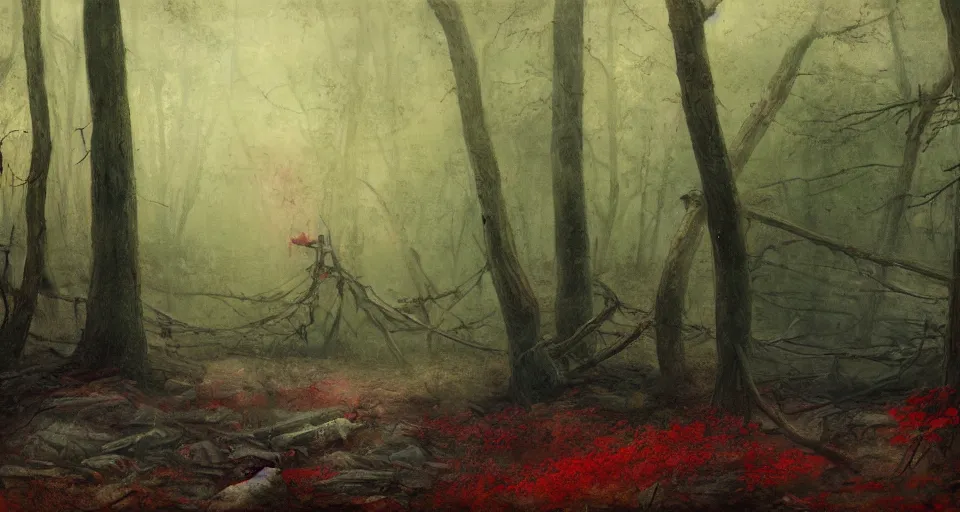 Image similar to an old broken sailing ship in an autumn forest, green and red tones, by Aron Wiesenfeld and beksincki, cinematic, detailed illustration, nature, fog, dark colors, suspense, intricate, 8k